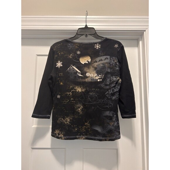 Blue Canyon Top Women Black Happy Holidays Embellish 3/4 Sleeve Large Petite Y2K - Picture 5 of 7
